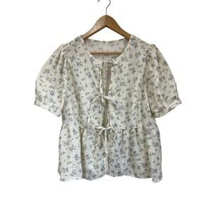 SHEIN Curve Cottagecore Floral Tie Front Puff Sleeve Blouse Romantic Size XL